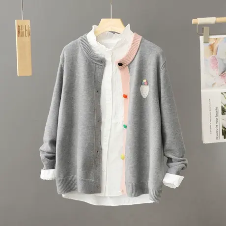 早春新款盐系轻熟学生设计感宽松圆领毛衣开衫女2024新款针织外套商品大图