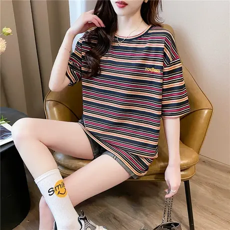 复古日系条纹韩版短袖T恤男女情侣款中性无性别流行百搭宽松半袖商品大图