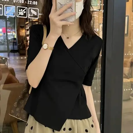 纯棉v领正肩不规则短袖t恤女夏季交叉设计感小众独特别致短款上衣商品大图