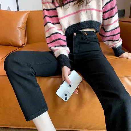 直筒牛仔裤女2024春秋新款高腰宽松修身显瘦小个子九分法棍烟管裤图片