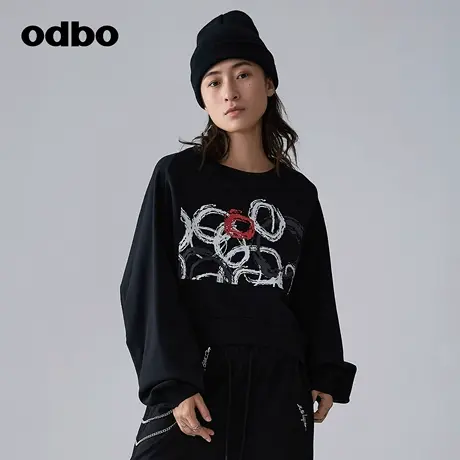 odbo/欧迪比欧时尚印花T恤女春季新款宽松显瘦卫衣百搭黑色上衣潮图片