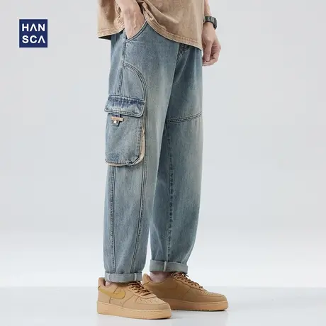 hansca浅色牛仔裤男美式高街2023年春季宽松休闲大码痞帅直筒长裤商品大图