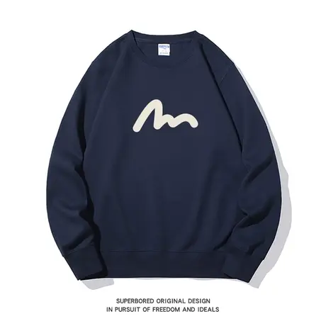 日系复古简约线条印花圆领卫衣男秋季宽松无帽长袖休闲新款上衣图片