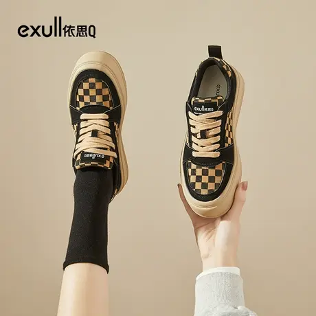 依思q厚底帆布鞋女2024新款春天秋款百搭超火棋盘格时尚休闲鞋女图片