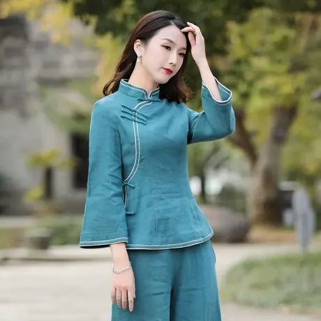 筠雅唐装中国风女装旗袍式上衣棉麻日常可穿职业套装女中国风套装商品大图