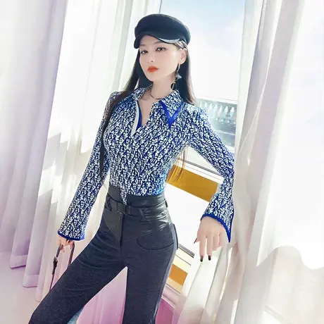 VJE秋季经典LOGO时尚衬衫新款气质长袖修身显瘦内搭翻领上衣商品大图