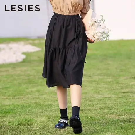 LESIES蓝色倾情春秋新款两色入松紧腰树叶暗纹公主抽绉飘逸腰裙图片