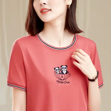 2023夏季新款名牌休闲圆领冰丝短袖T恤衫洋气中年妈妈大码上衣服商品大图