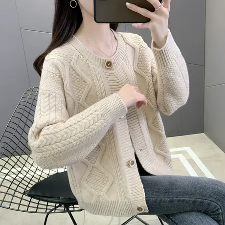 早春2023网红爆款圆领菱格纹时尚上衣女士毛衣开衫针织外套高级感商品大图