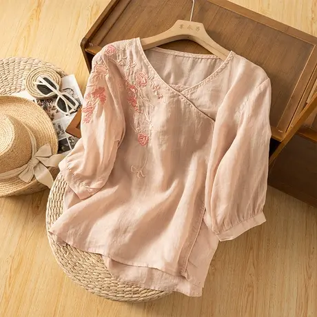 享永子七分袖刺绣苎麻衬衫女夏文艺复古宽松绣花棉麻上衣2023新款商品大图