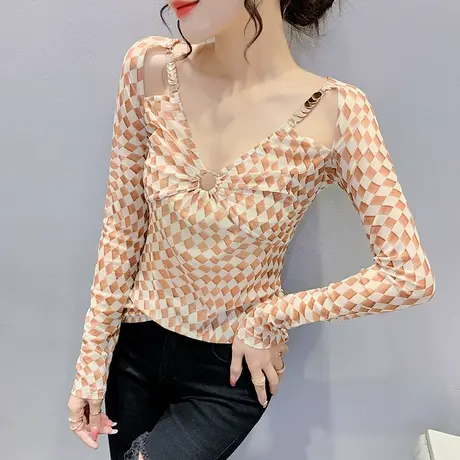 性感露肩V领打底衫女春秋2023新款洋气小众上衣修身网纱长袖T恤女商品大图