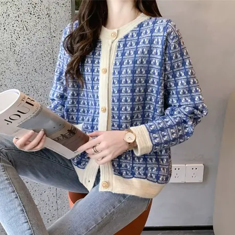 毛衣外套女短款春装2023年新款小香风针织开衫格子针织衫洋气百搭图片