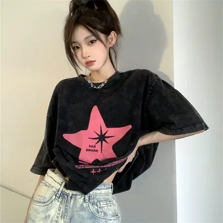 美式复古短袖t恤女2023年夏季新款设计感小众水洗宽松纯棉上衣潮商品大图