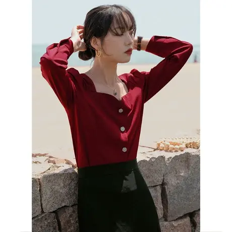 弥古复古红色方领短款女上衣夏长袖小众法式衬衣高级感泡泡袖衬衫图片