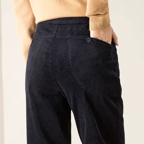 藏青色灯芯绒裤子女秋冬加绒女裤2023新款条绒裤妈妈九分裤哈伦裤商品大图