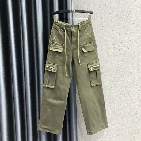 2023秋季新款工装口袋设计感牛仔长裤女高腰显瘦抽绳阔腿直筒裤潮商品大图