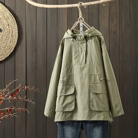 枫谜2021年秋装新款韩版全棉连帽外套女宽松休闲百搭套头显瘦上衣图片