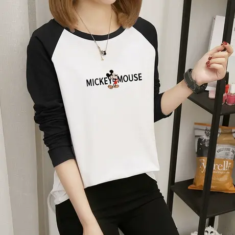 拼接撞色纯棉长袖t恤女秋装2022年新款内搭宽松上衣春秋百搭打底商品大图