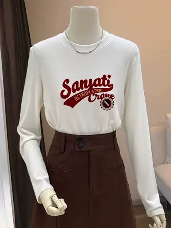 白色仿棉长袖t恤女2023新款秋冬季加绒洋气内搭打底衫德绒上衣服商品大图