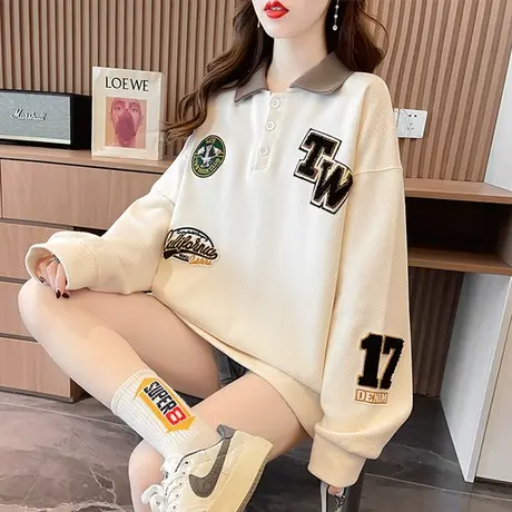 翻领polo衫华夫格卫衣女春秋季韩版宽松薄款ins早秋装上衣服外套商品大图