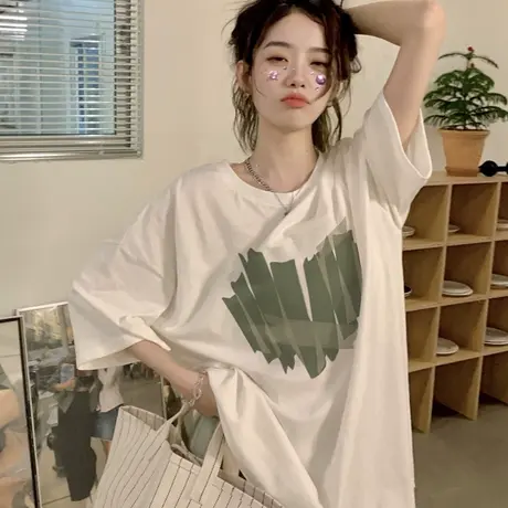 纯棉oversize爱心印花短袖t恤女夏季新款潮牌宽松半袖大码上衣服商品大图