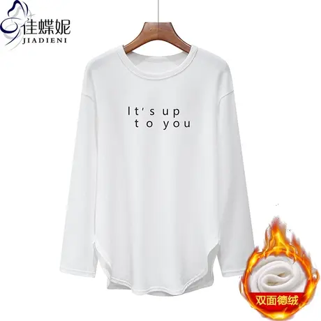 春秋新款圆领下摆圆弧开叉中长款宽松大码德绒印花长袖体恤女上衣商品大图