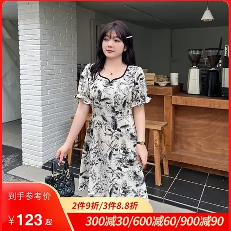 2023夏装新款法式气质短袖连衣裙显瘦大码妹妹胖MM雪纺碎花裙A字图片