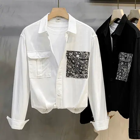 韩版复古长袖衬衫男2023新品腰果花拼接工装外穿衬衣简约百搭外套商品大图