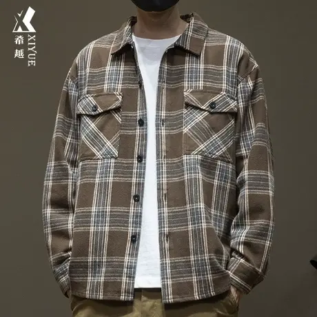 希越复古美式格子衬衫男秋季咖啡色重磅开衫宽松大码胖子纯棉衬衣图片