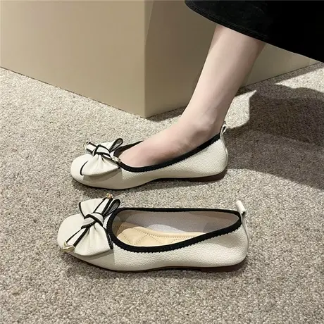 法式晚风单鞋平底豆豆鞋女2023新款春秋软底一脚蹬瓢鞋蝴蝶结甜美商品大图