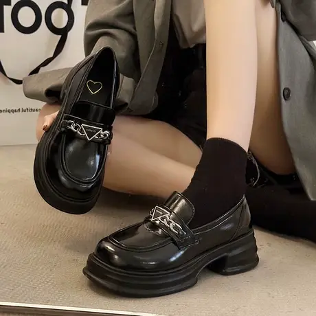 厚底松糕乐福鞋女2023年春秋新款英伦风单鞋增高粗跟学院风小皮鞋图片