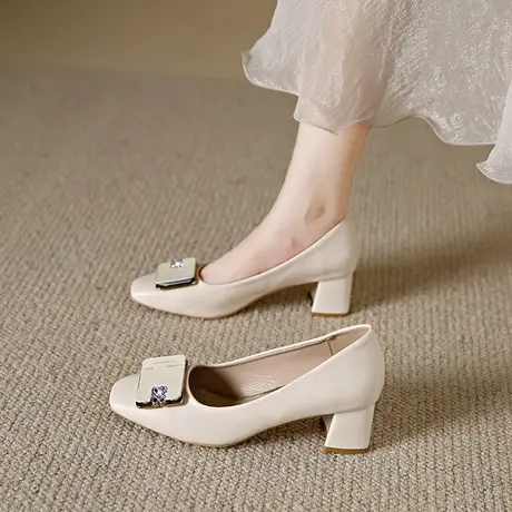 高跟鞋女粗跟2023年新款女鞋春秋通勤职业气质百搭法式浅口单鞋子图片