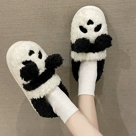 可爱熊猫棉拖鞋女冬季外穿2023新款室内家居毛绒防滑厚底包跟棉鞋商品大图