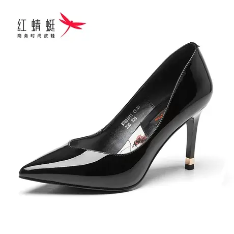 红蜻蜓女鞋高跟鞋牛皮春秋新款尖头漆皮鞋浅口单鞋细跟职场鞋舒适图片