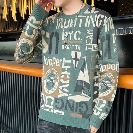 圆领毛衣男秋冬季加厚保暖打底针织衫男青少年字母印花宽松毛线衣商品大图