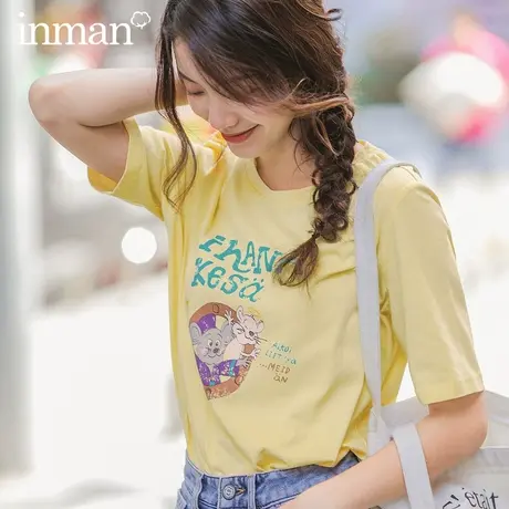 茵曼2023夏装新款短袖T恤纯棉少女可爱逗趣印花休闲亲子商品大图