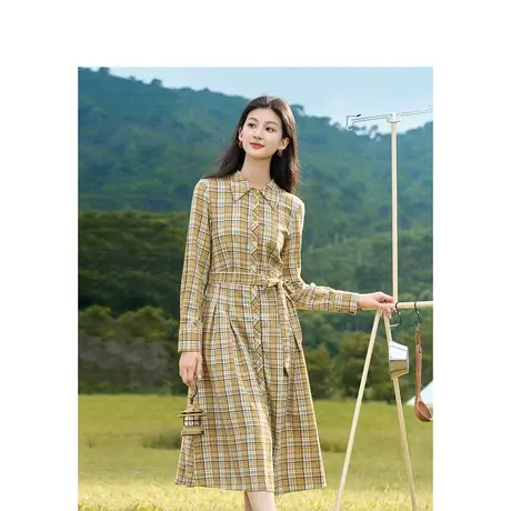 茵曼复古格纹连衣裙2023秋女装新款翻领长袖单排扣系带收腰中长裙图片