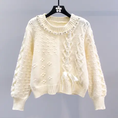 小香风钉珠套头毛衣女秋冬2023新款宽松加厚设计感蝴蝶结针织衫商品大图