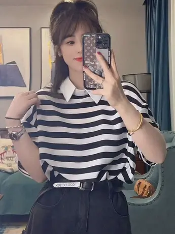 欧货气质时尚2023新款休闲宽松短袖POLO领夏季拼色条纹百搭上衣女商品大图