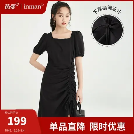 茵曼法式方领连衣裙女2024年春夏新款气质收腰显瘦中长裙小黑裙图片