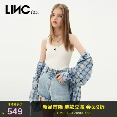 LINC金羽杰2023年夏秋新款高腰洗水土耳其牛仔短裤女S232DS364Y商品大图