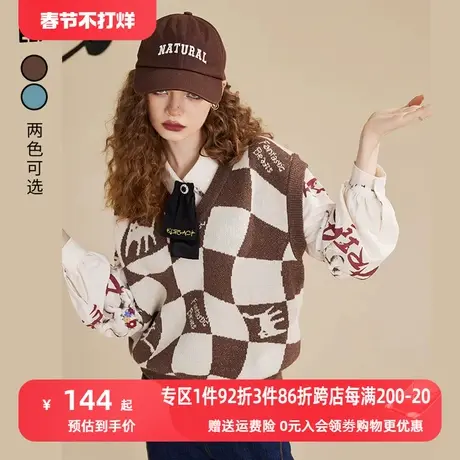 妖精的口袋复古棕色格子针织马甲女2022秋季新款外搭叠穿背心v领图片