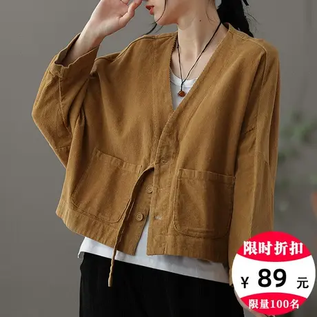 dza 复古宽松亚麻上衣女士秋季新款外搭休闲短款外套女装棉麻开衫图片