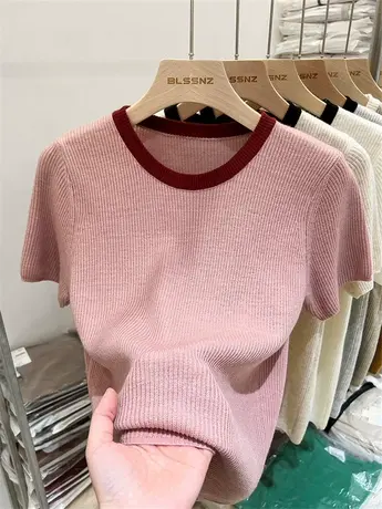 欧货针织衫女短袖夏季2023年新款撞色法式别致修身显瘦上衣打底衫商品大图