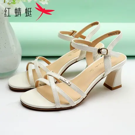 红蜻蜓女鞋夏季优雅高跟鞋女真皮时尚百搭单鞋舒适粗跟一字带凉鞋图片