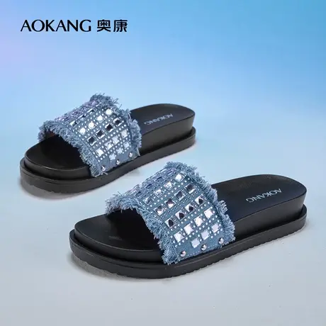奥康女鞋 2025夏季新款时尚水钻牛仔流苏一字拖可外穿仙女拖鞋图片