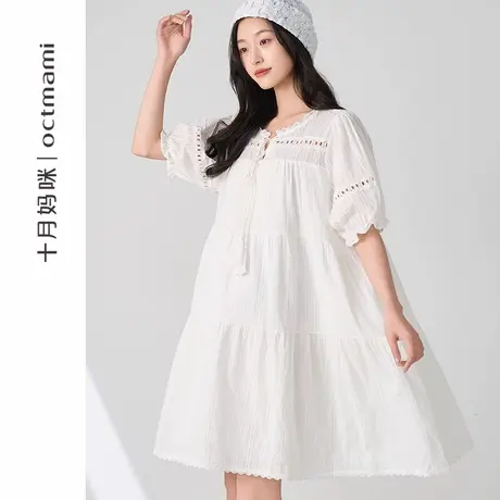 十月妈咪孕妇小泡泡袖短袖连衣裙2025新款春夏外穿蕾丝镂空夏装商品大图