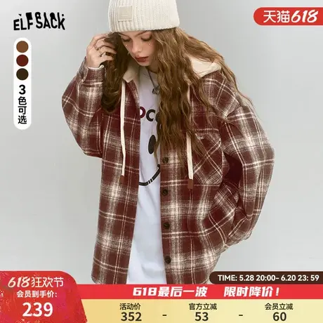 妖精的口袋复古学院格子毛呢外套女2024年冬季新款连帽加厚衬衫商品大图