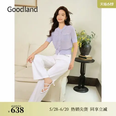 Goodland美地夏季法式短款花纱装饰镂空透气针织开衫图片