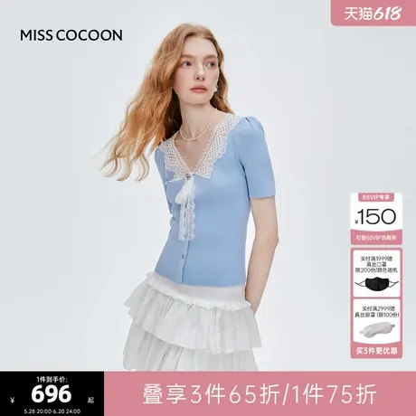 MISS COCOON可可尼蓝色气质蝴蝶结上衣2025夏季新款短袖针织衫女图片